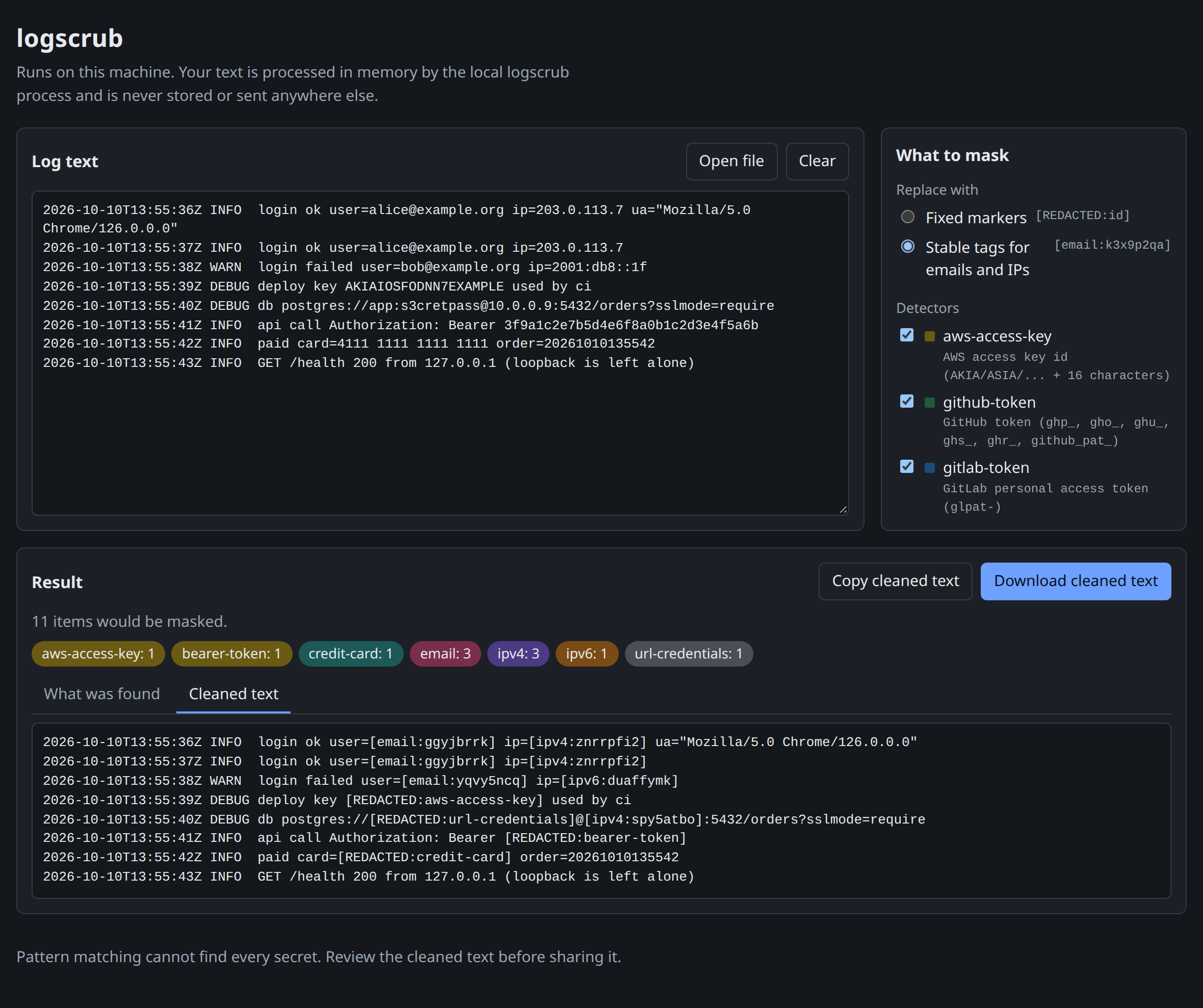 The cleaned text in pseudonym mode, with tags such as [email:ggyjbrrk] and [ipv4:znrrpfi2]
