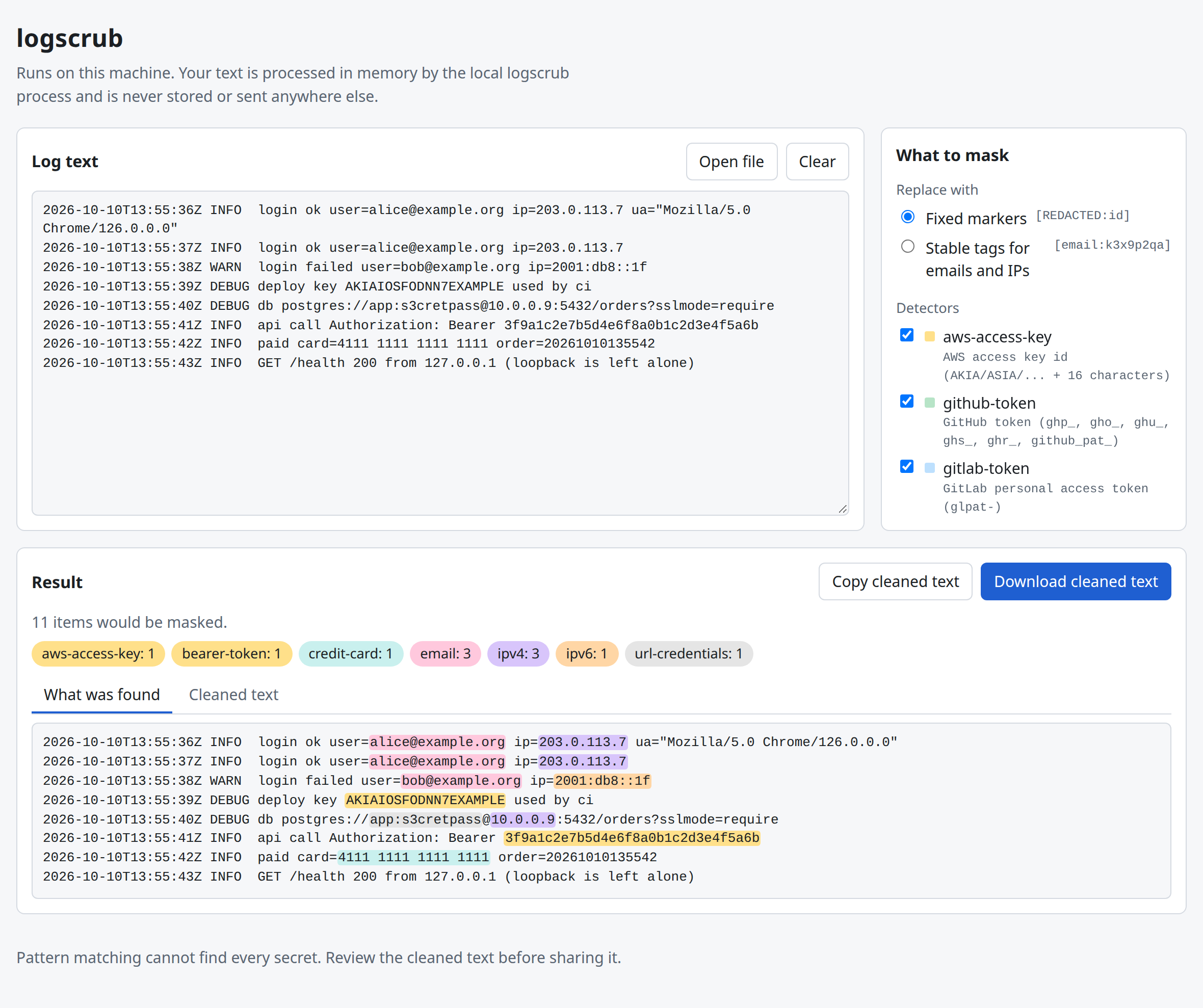 The logscrub web UI with a pasted log and every match highlighted by detector