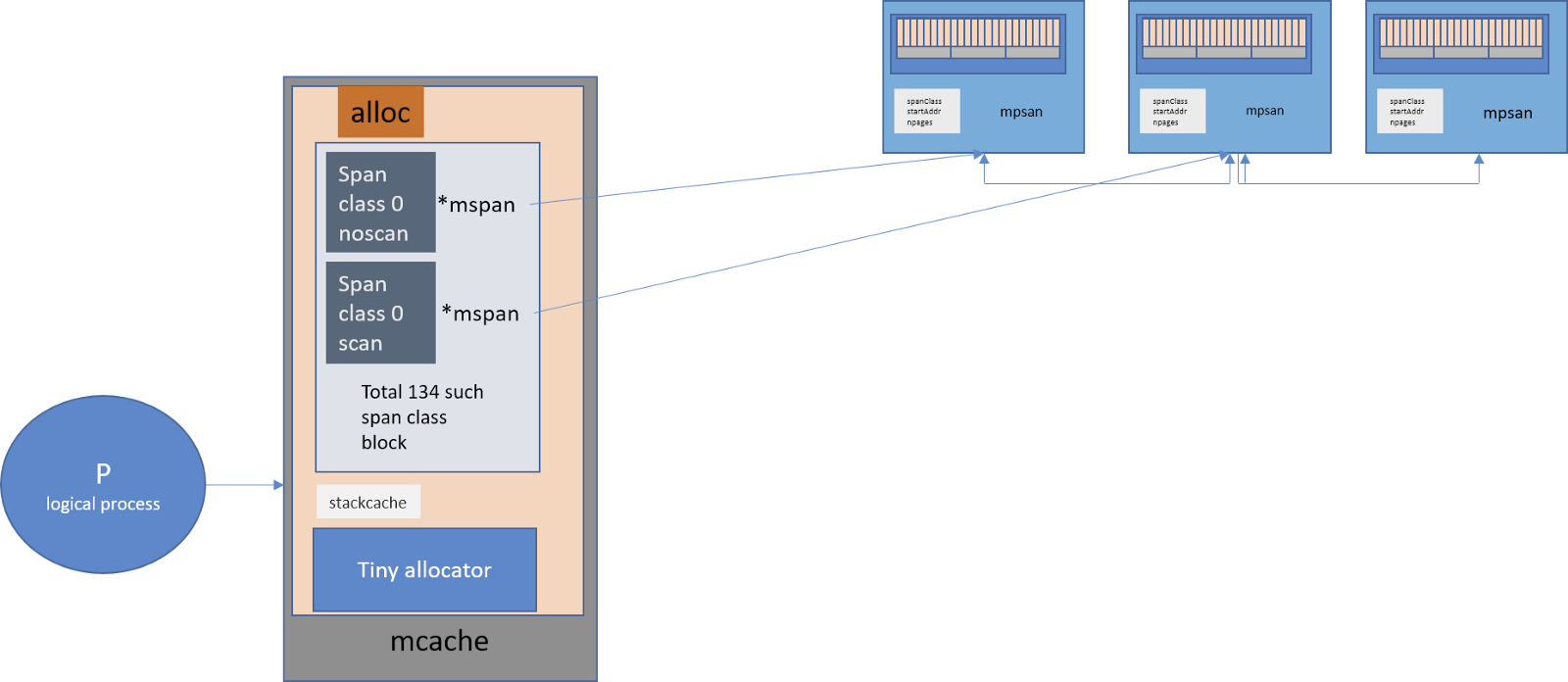 Illustrative Representation of a Relationship between P, mcache, and mspan in Go.