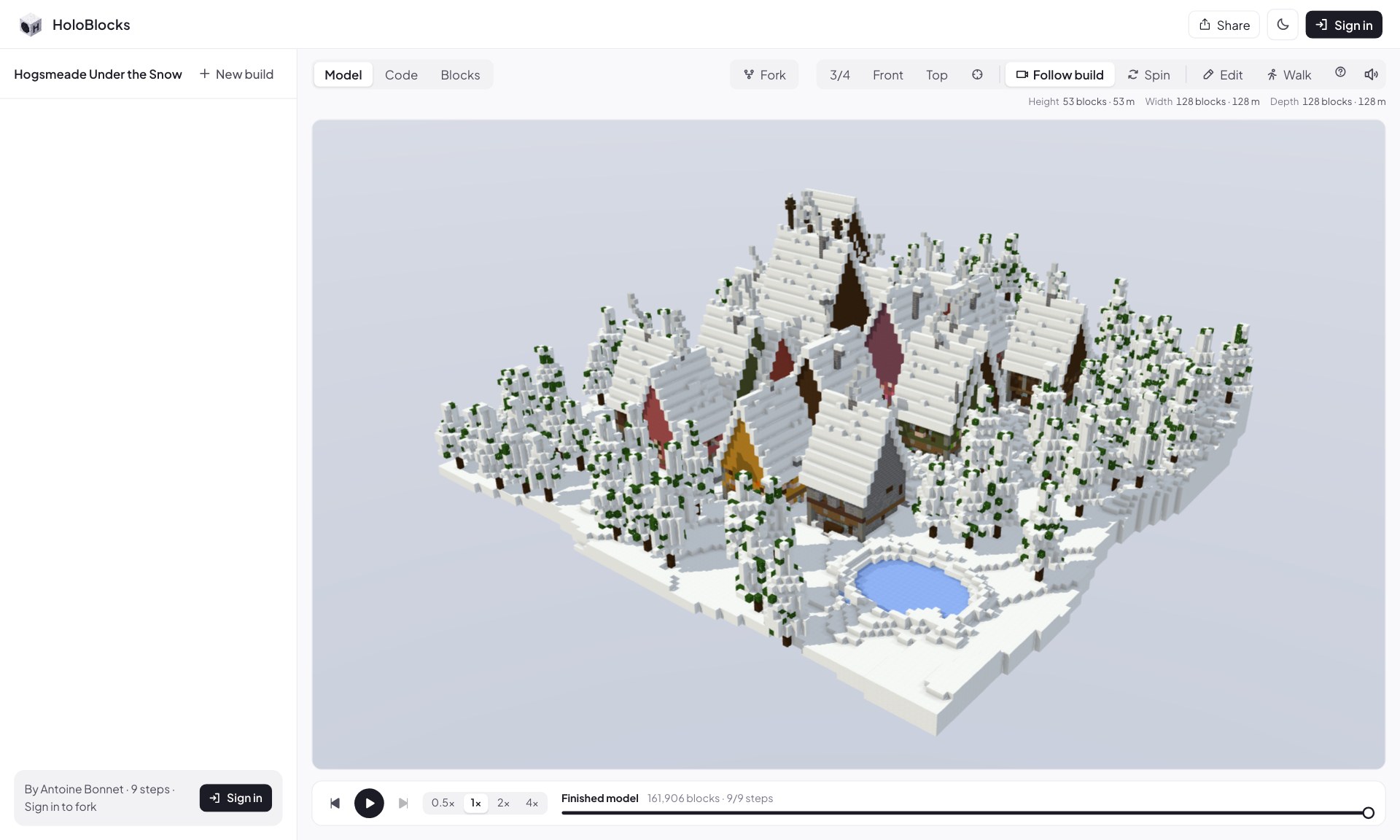HoloBlocks showing a snow-covered village built from blocks