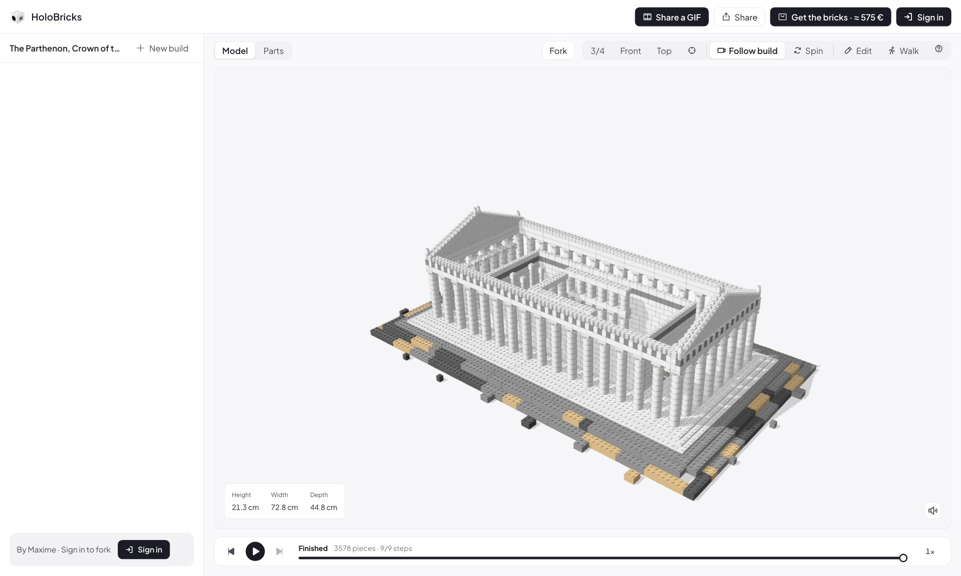 HoloBricks showing a brick model of the Parthenon