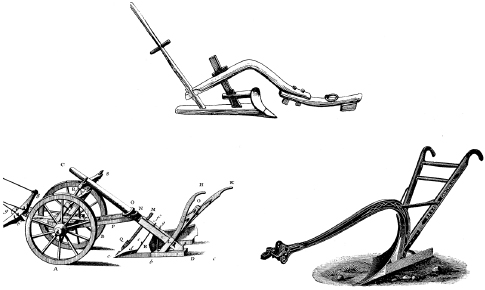 []{#c10752_003.xhtml#fig_001}[[Figure 3.1](#c10752_003.xhtml#fig_001a)]{.figureLabel} Evolution of curved moldboard plows. Traditional Chinese plow (top) had small but smoothly curving moldboard made from nonbrittle cast iron. Heavy European medieval plow, attached to a forecarriage (bottom left), had a pointed coulter in front of the share to cut the roots. The efficient American beam plow of the mid-nineteenth-century (bottom right) had its share and moldboard fused into a smoothly curving steel shape. *Sources:* Hopfen (1969), Diderot and D'Alembert (1769--1772) and Ardrey (1894).