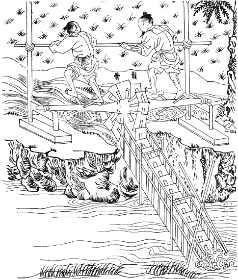 []{#c10752_003.xhtml#fig_008}[[Figure 3.8](#c10752_003.xhtml#fig_008a)]{.figureLabel} China's ancient "dragon backbone machine" was powered by peasants leaning on a pole and treading a spoked axle. Adapted from a late Ming dynasty illustration.
