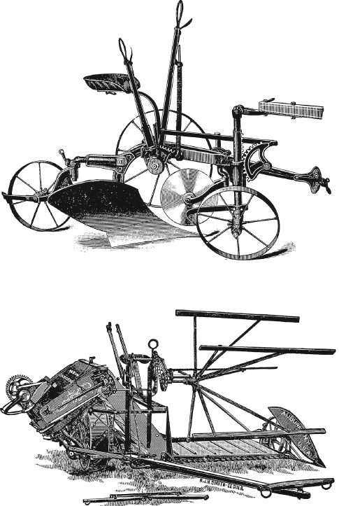 []{#c10752_003.xhtml#fig_014}[[Figure 3.14](#c10752_003.xhtml#fig_014a)]{.figureLabel} The three-wheeled steel riding plow (made by Deere & Co. in Moline, Illinois, during the 1880s) and the twine grain harvester (made during the last decades of the nineteenth century in Auburn, New York). These two innovations opened up the American plains for large-scale grain cropping. Reproduced from Ardrey (1894).