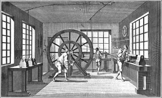 []{#c10752_004.xhtml#fig_006}[[Figure 4.6](#c10752_004.xhtml#fig_006a)]{.figureLabel} The great wheel powered by a crank, used to turn a metalworking lathe. The smaller wheel was used for working with larger diameters, and vice versa. In the background of this image a man works on a foot-powered lathe machining wood. Reproduced from the *Encyclopédie* (Diderot and d'Alembert 1769--1772).