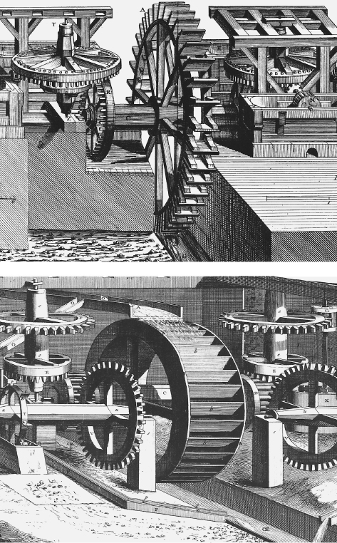 []{#c10752_004.xhtml#fig_010}[[Figure 4.10](#c10752_004.xhtml#fig_010a)]{.figureLabel} Engravings of a large undershot wheel running a French royal paper mill (top) and of an overshot wheel powering ore-washing machinery in a French forge (bottom). Reproduced from the *Encyclopédie* (Diderot and d'Alembert 1769--1772).