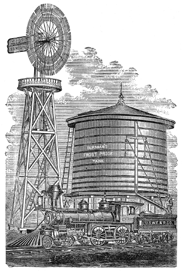 []{#c10752_004.xhtml#fig_013}[[Figure 4.13](#c10752_004.xhtml#fig_013a)]{.figureLabel} Halladay windmill. During the last decade of the nineteenth century, Halladay windmills were the most popular American brand. They were a common sight at western railway stations, where they pumped water for steam locomotives. Reproduced from Wolff (1900).