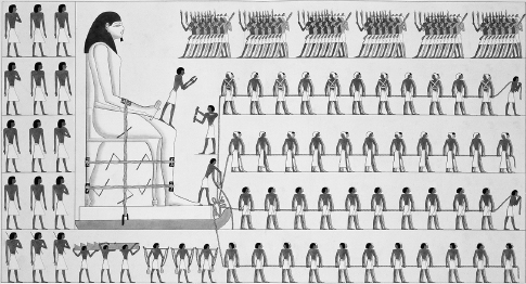 []{#c10752_004.xhtml#fig_017}[[Figure 4.17](#c10752_004.xhtml#fig_017a)]{.figureLabel} Moving a massive (6.75 m tall, weighing more than 50 t) alabaster statue of Dje­hutyhotep, Great Chief of the Hare Nome (Osirisnet 2015). The drawing reconstructs a damaged wall painting in the tomb of Djehutyhotep at the site of el-Bersheh, Egypt (Corbis).