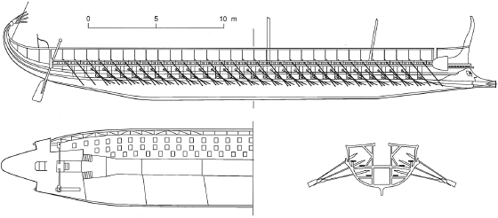 []{#c10752_004.xhtml#fig_020}[[Figure 4.20](#c10752_004.xhtml#fig_020a)]{.figureLabel} Side view, partial plan, and cross section of the reconstructed Greek trireme *Olympias*. Six files arranged in a V shape accommodate 170 rowers, and the topmost oars have their pivots on outriggers. Based on Coates (1989).