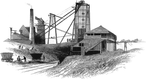 []{#c10752_005.xhtml#fig_003}[[Figure 5.3](#c10752_005.xhtml#fig_003a)]{.figureLabel} The C Pit of the Hebburn Colliery was a typical English coal mine of the early steam engine era. The mine's steam engine was housed in the building with a stack and powered the winding and ventilation machinery. Reproduced from Hair (1844).