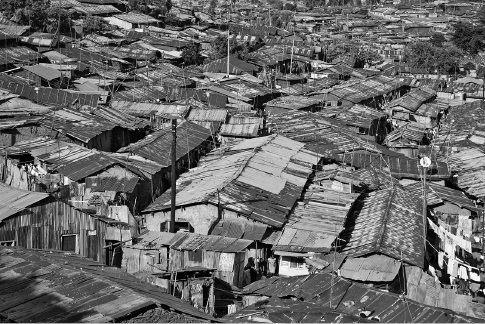 []{#c10752_006.xhtml#fig_018}[[Figure 6.18](#c10752_006.xhtml#fig_018a)]{.figureLabel} Kibera, one of Nairobi's largest slums (Corbis). Kenya's per capita use of modern energies averages about 20 GJ/year, but slum dwellers in Africa and Asia consume as little as 5 GJ/year, or less than 2% of the U.S. mean.