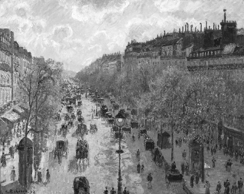 []{#c10752_007.xhtml#fig_011}[[Figure 7.11](#c10752_007.xhtml#fig_011a)]{.figureLabel} Camille Pissarro, *Le Boulevard de Montmartre, Matinée de Printemps*. Oil on canvas, painted in 1897 (Google Art Project).