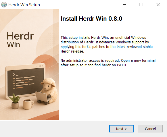 Herdr Win setup welcome page