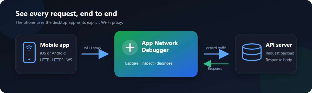 Traffic flows from the mobile device through App Network Debugger to the API server