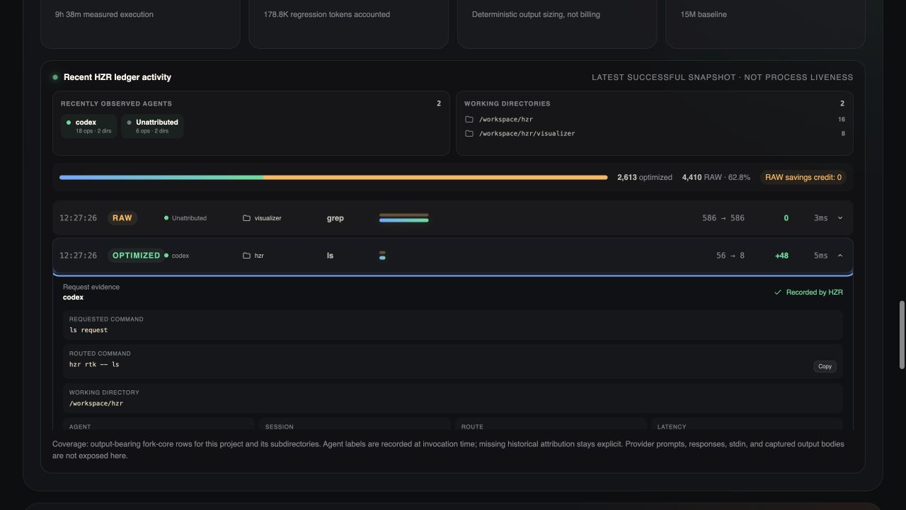 HZR recent activity with agent, working directory, and request evidence