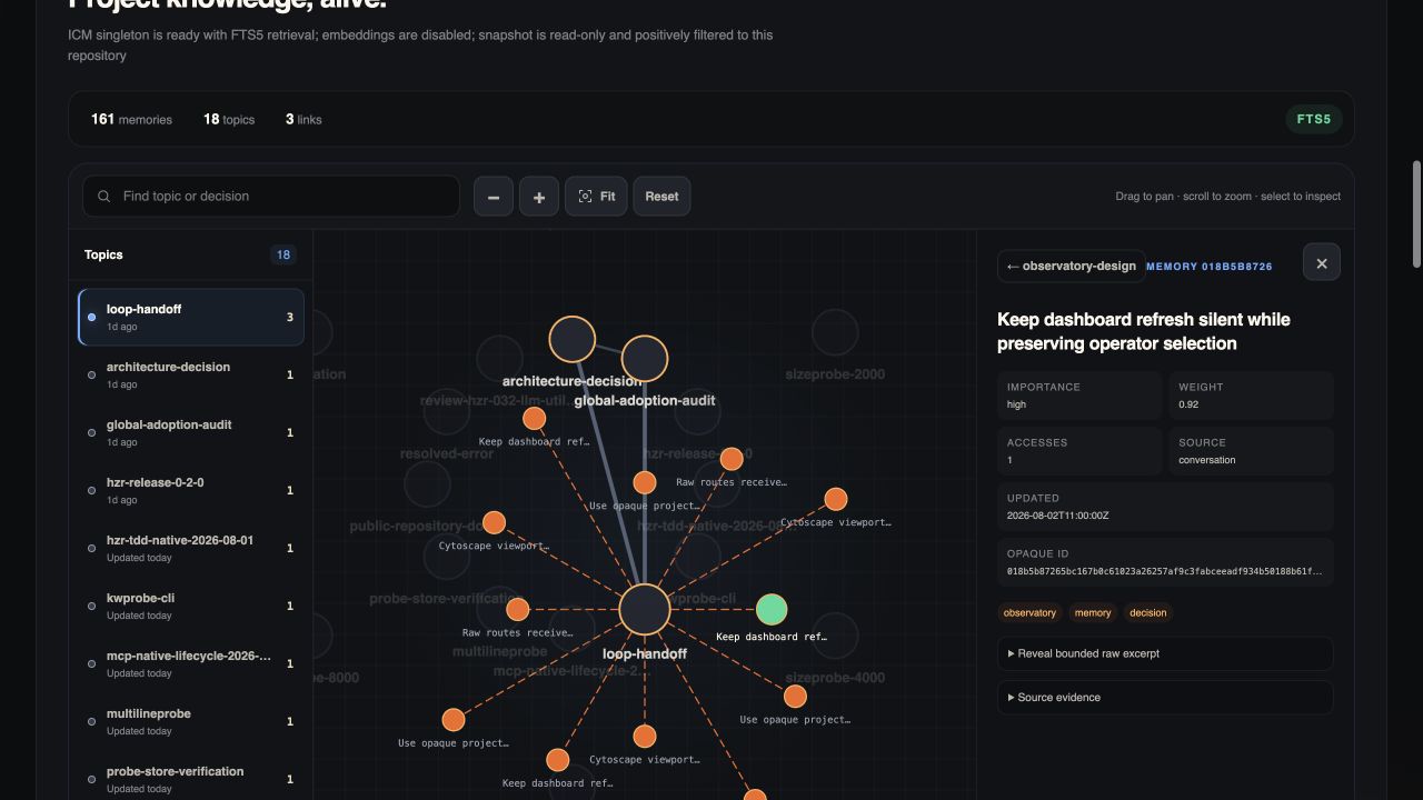 HZR memory explorer with topic graph and a selected memory record