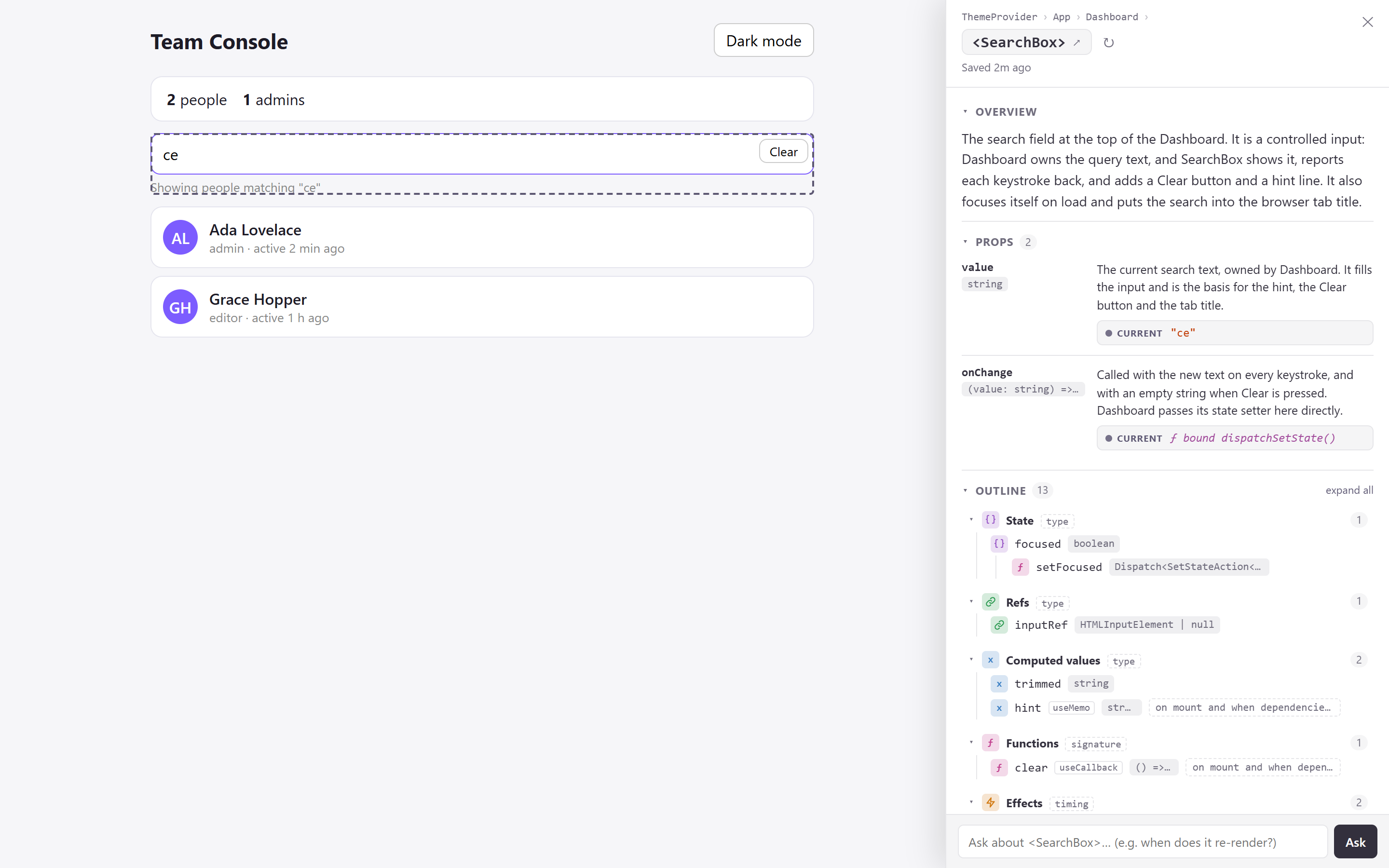 React Detective explaining a SearchBox component, with its props, live values and outline