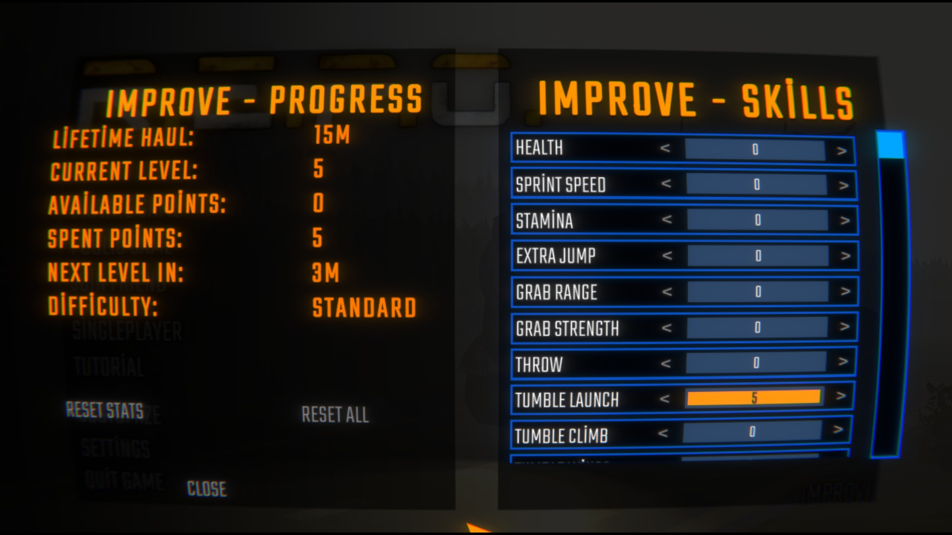 Improve menu after spending five points into Tumble Launch