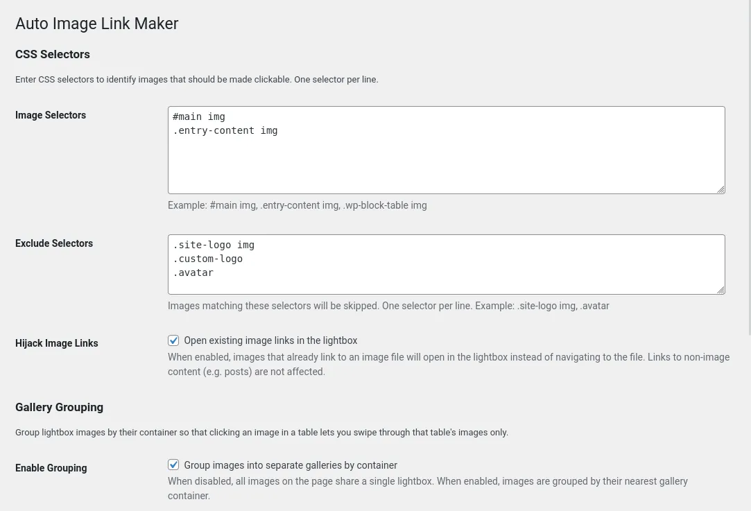 Auto Image Link Maker settings page