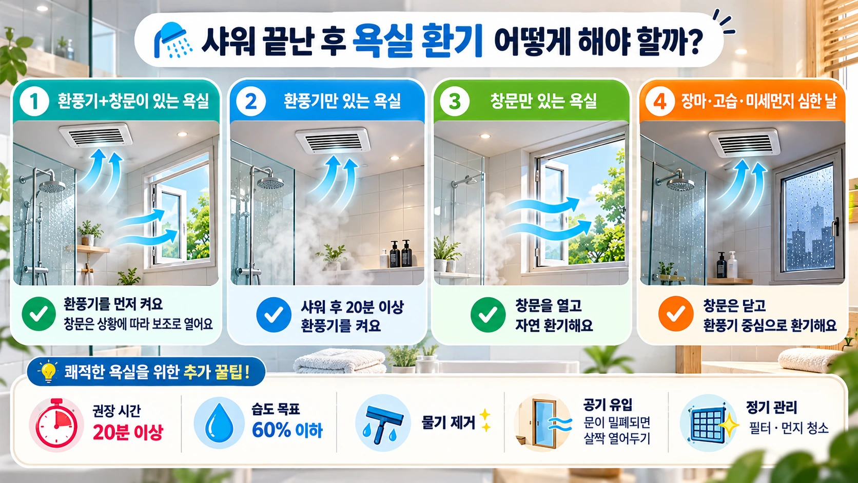 창문과 환풍기 유무에 따른 샤워 후 욕실 환기 방법 4가지 비교