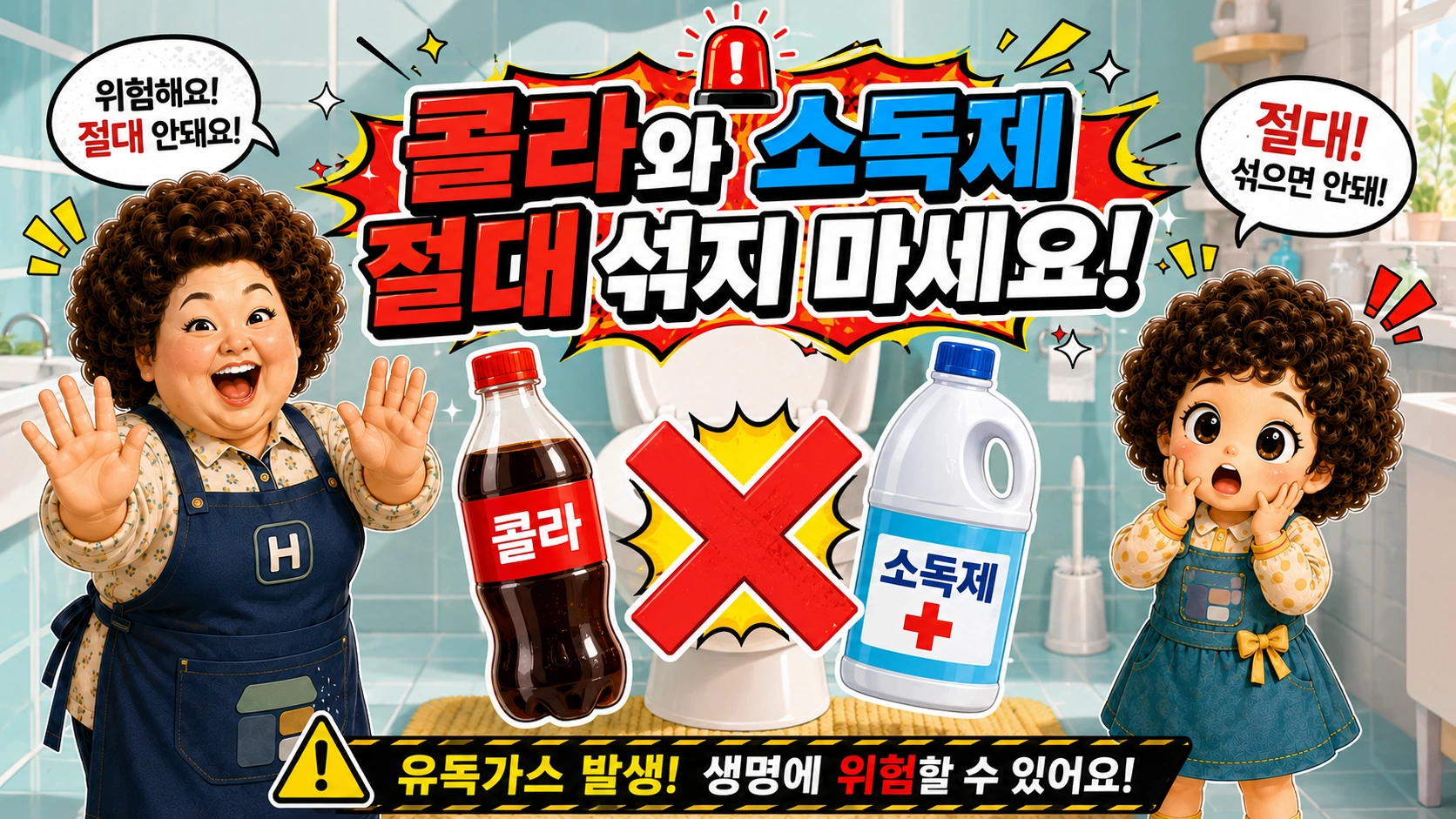 콜라와 소독제를 절대 섞지 말라는 변기 청소 안전 경고 이미지