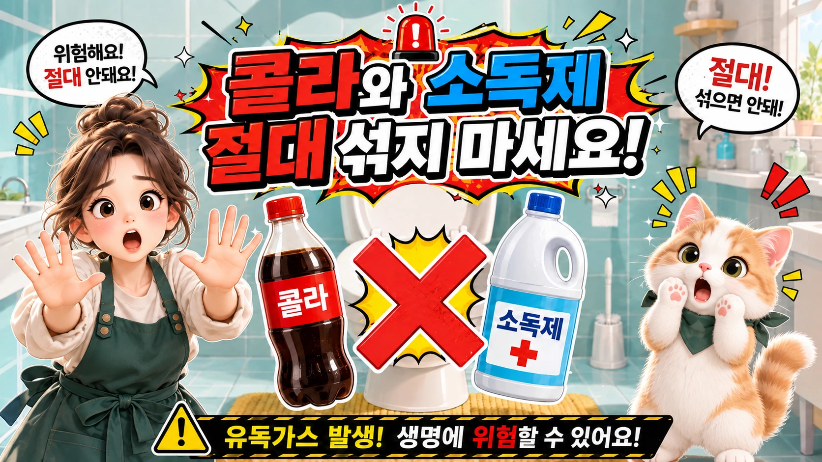 콜라와 소독제를 절대 섞지 말라는 변기 청소 안전 경고 이미지