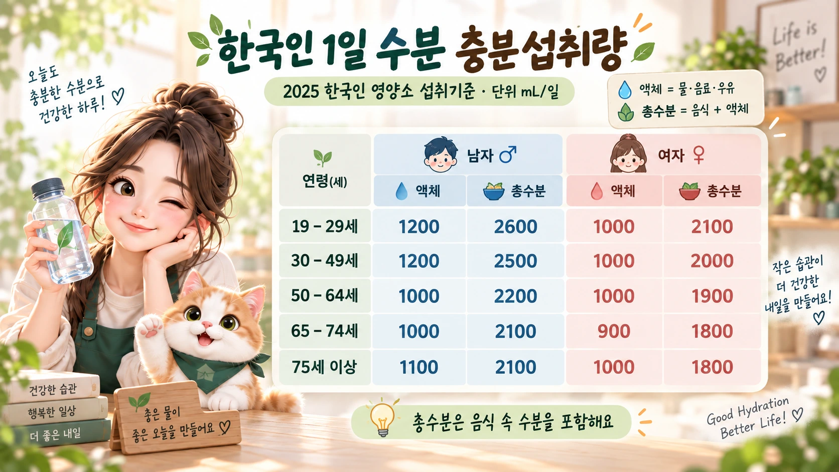2025 한국인 영양소 섭취기준에 따른 성인 남녀 연령별 액체와 총수분 충분섭취량 인포그래픽