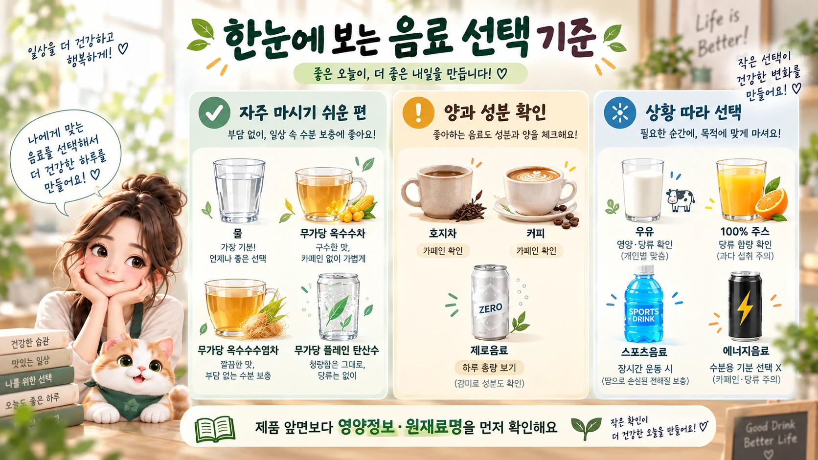물 대신 마시는 음료를 자주 마시기 쉬운 음료, 성분 확인이 필요한 음료, 상황에 따라 선택할 음료로 나눈 비교 가이드