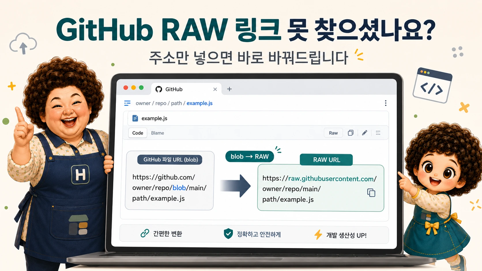 GitHub 파일의 blob 주소를 RAW 주소로 변환하는 과정을 힐링편의점 캐릭터와 함께 보여주는 안내 이미지