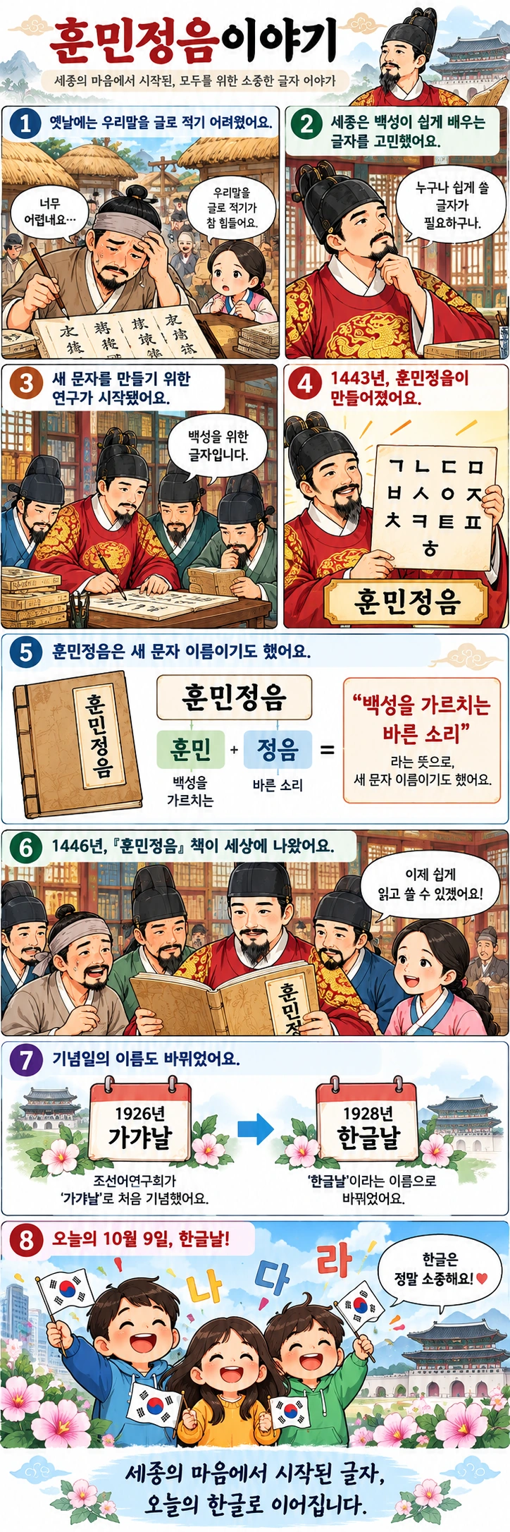 훈민정음 창제에서 한글날까지 이어지는 이야기를 정리한 8컷 웹툰