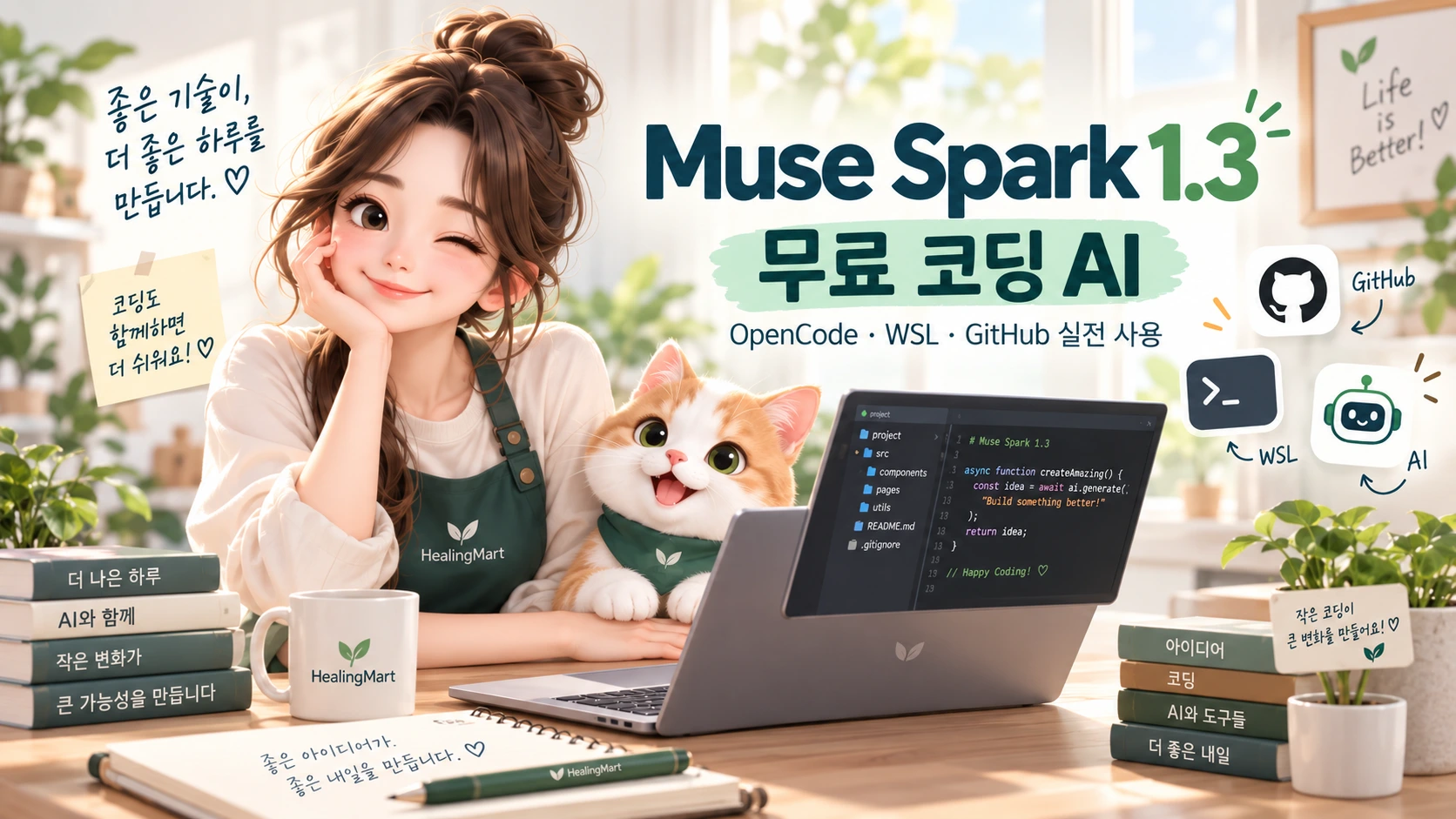 힐링마트 캐릭터 힐리와 고양이가 노트북으로 Muse Spark 1.3과 OpenCode를 이용해 GitHub 프로젝트를 수정하는 대표 이미지