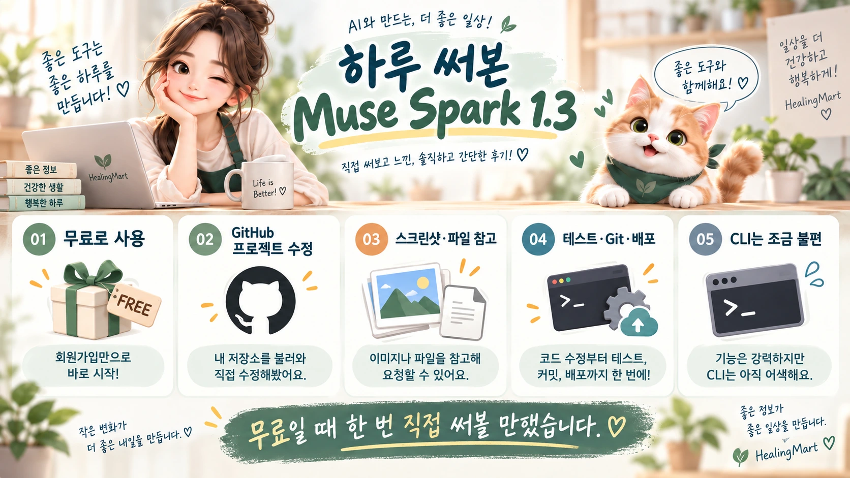 Muse Spark 1.3 하루 사용 후 무료 이용 GitHub 수정 스크린샷 파일 테스트 배포 장단점을 요약한 이미지