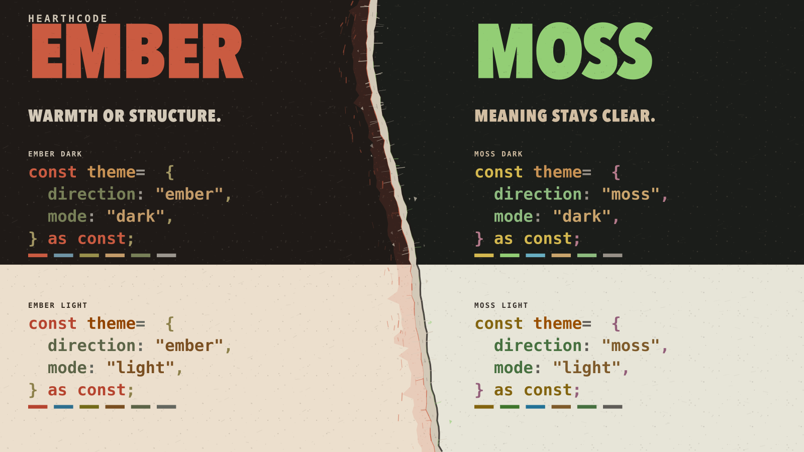 All four HearthCode themes: Moss Dark, Ember Dark, Moss Light, and Ember Light
