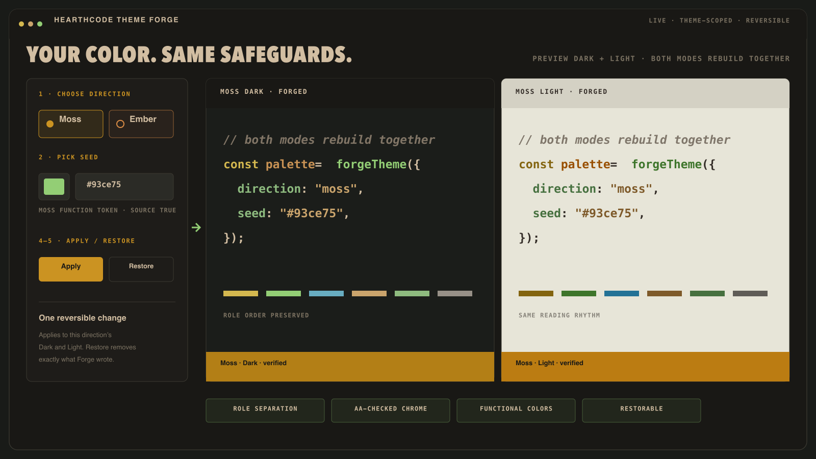 Theme Forge workflow: pick a direction and seed, preview Dark and Light, then apply or restore