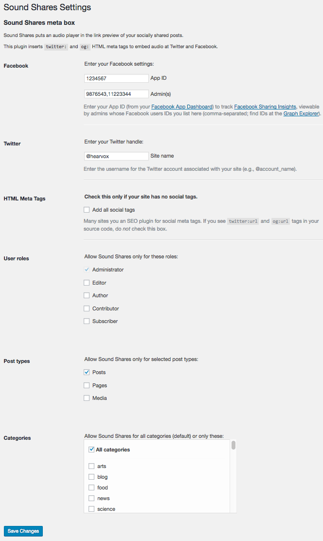 Settings screen for user roles, post types, and categories/