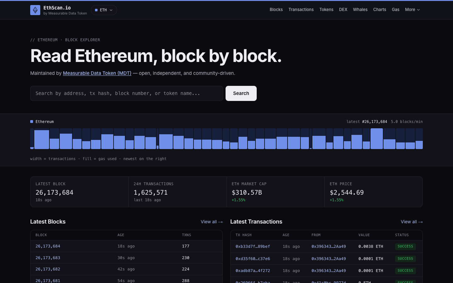 EthScan homepage in dark mode, with the live Ethereum block tape