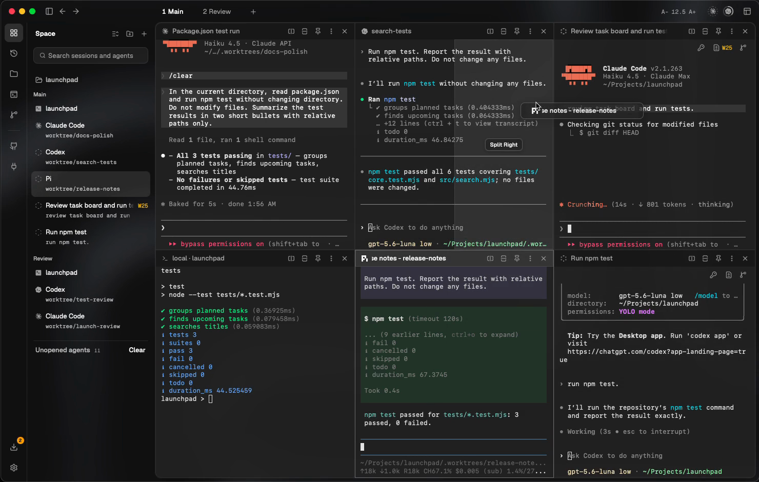 Dragging a live terminal tab onto Dure's Split Right target