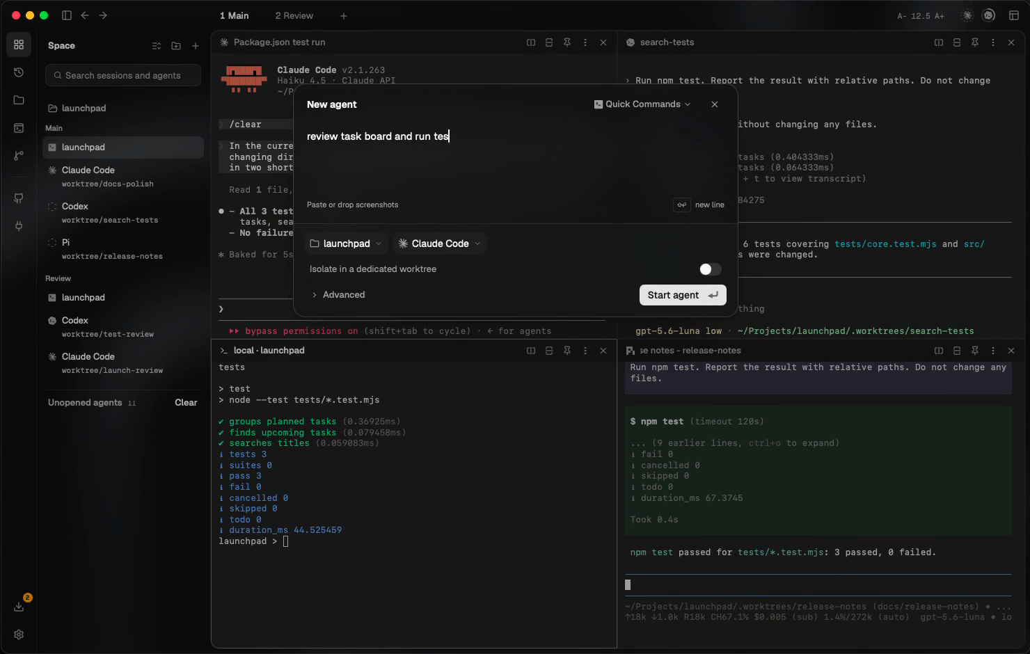 The New agent dialog opened with Command-N, with task, project, provider and dedicated-worktree options