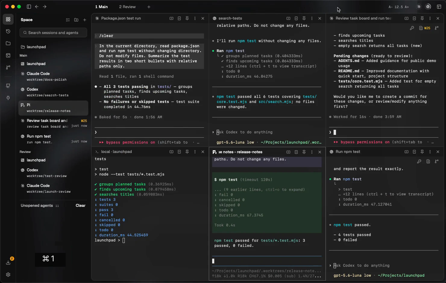 Dure with Claude Code, Codex, Pi and a shell arranged in six panes, with projects and sessions in Spaces