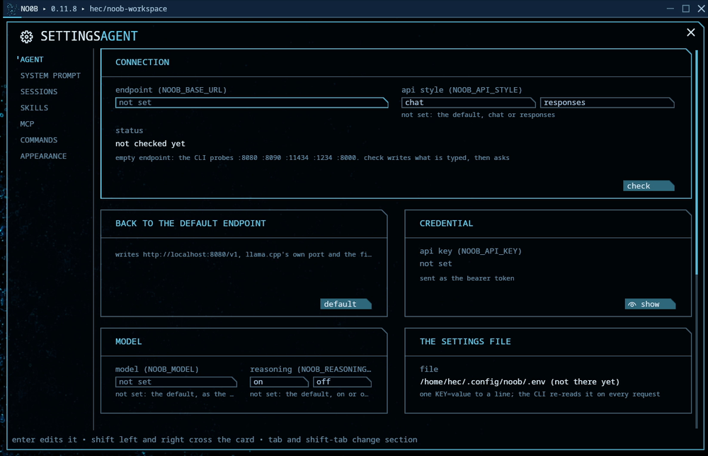 The agent settings panel