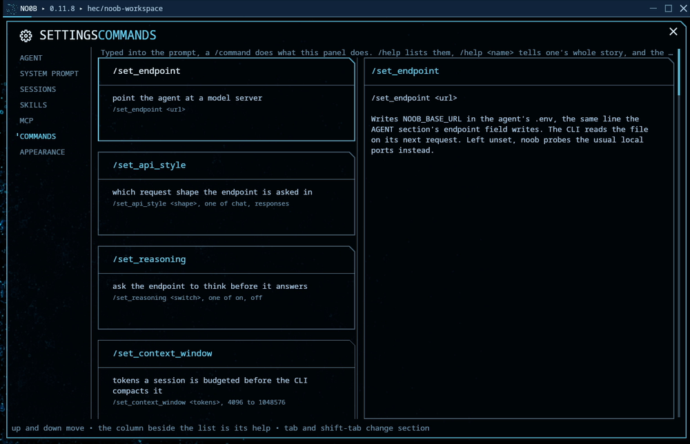The commands settings panel