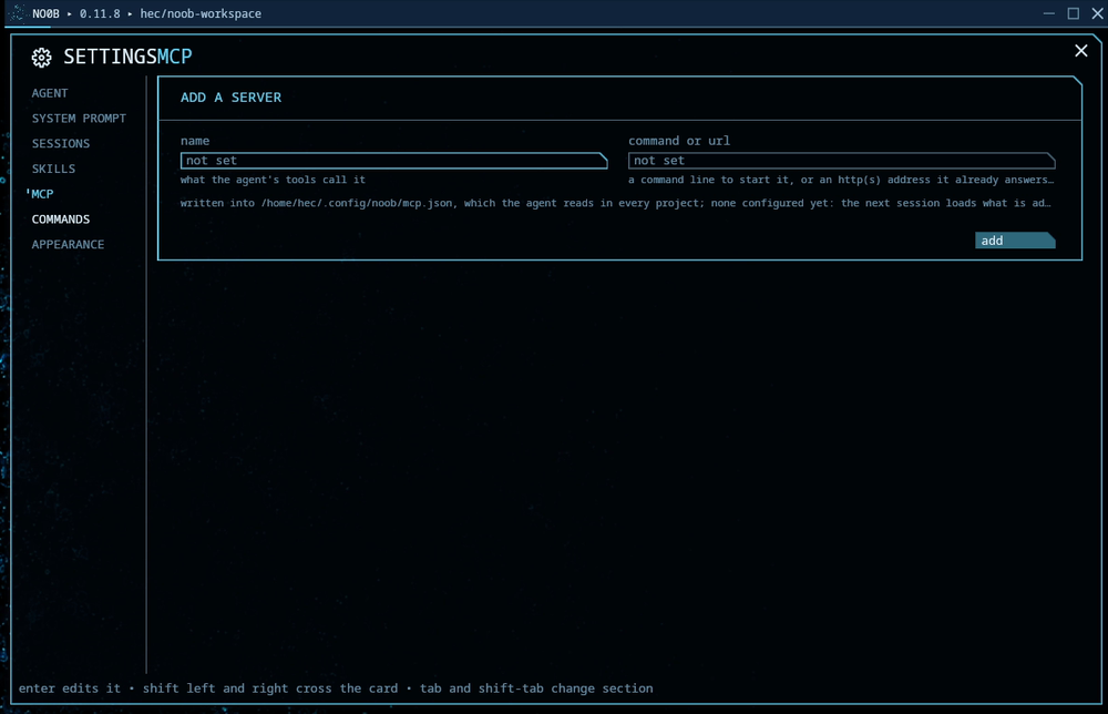 The MCP settings panel