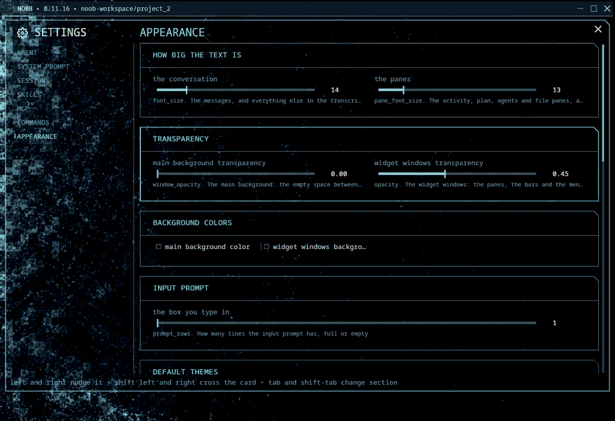 The appearance panel, then a theme picked and the whole window wearing it