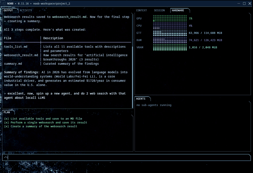 A sub-agent starting, taking its own tab, and streaming its own transcript