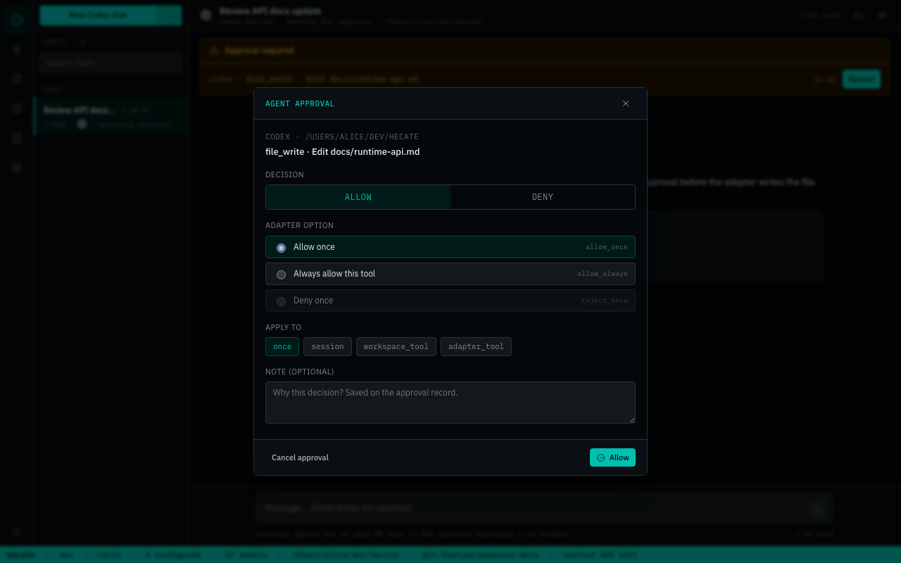 Agent approval modal with ACP options, scope choices, and audit note