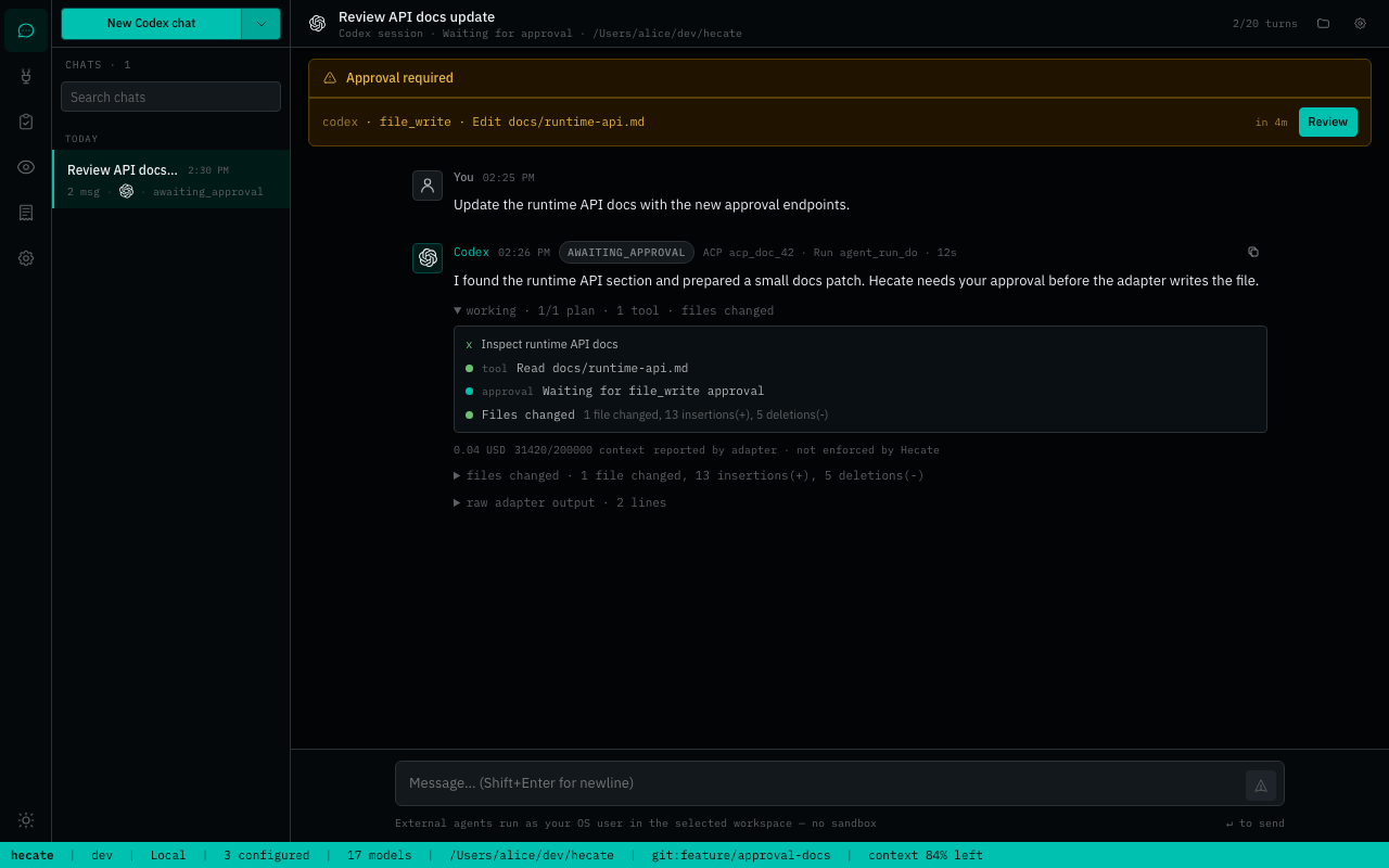Chats workspace with an external-agent file-write approval waiting for operator review