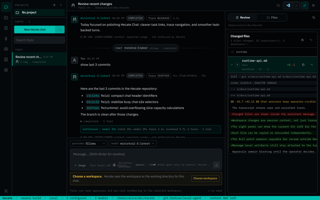 Chats workspace with the Workspace changes panel open, file tree filtering, and a rich per-file diff