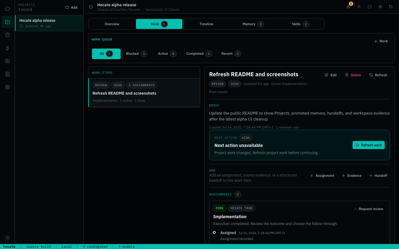 Projects workspace showing work queue, closeout checks, assignment evidence, and pending review
