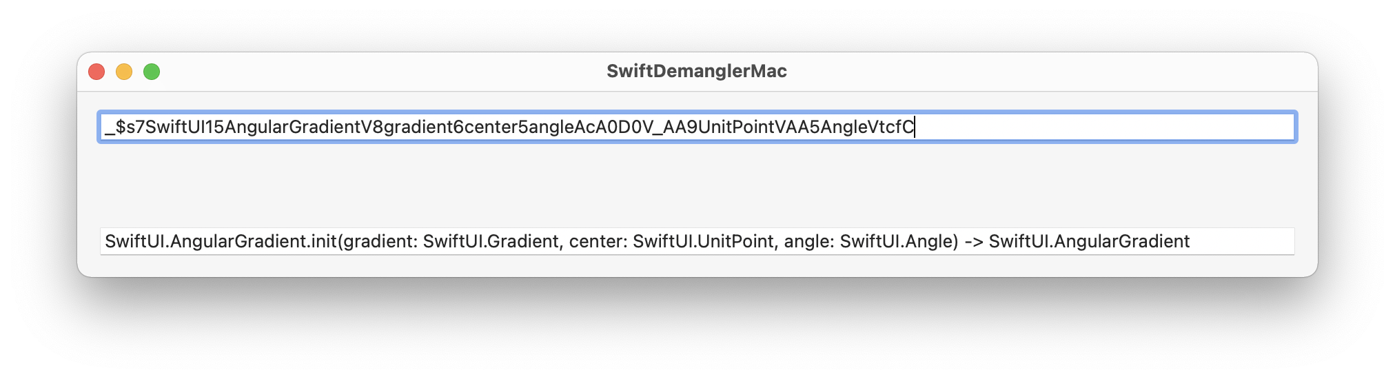 A screenshot showing a window with two text fields, the top text field hacing a mangled swift symbol, and the bottom showing its unmangled form.