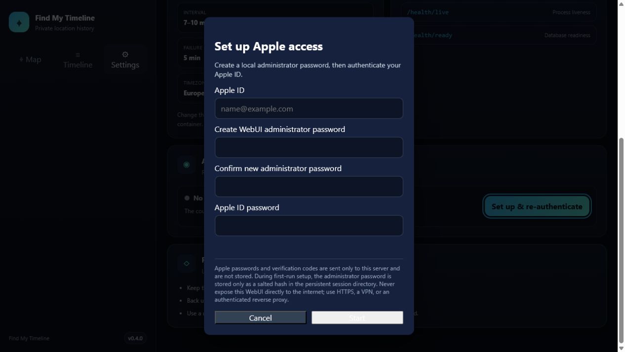 Find My Timeline first-run authentication setup